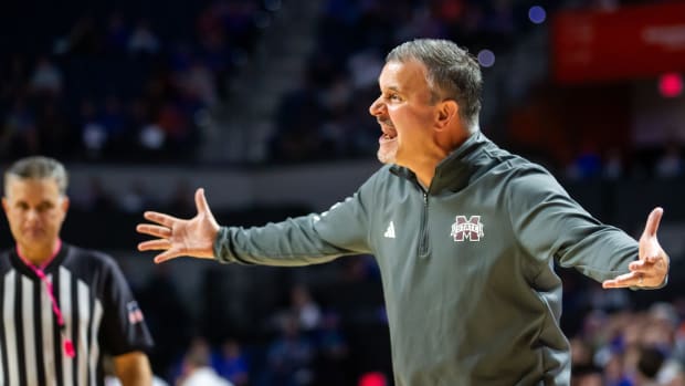 Mississippi State Bulldogs head coach Chris Jans reacts to a call in the first half. The Florida men s basketball team hosted the Mississippi State Bulldogs at Exactech Arena at the Stephen C. O Connell Center in Gainesville, FL on Wednesday, January 24, 2024. [Doug Engle/Ocala Star Banner]